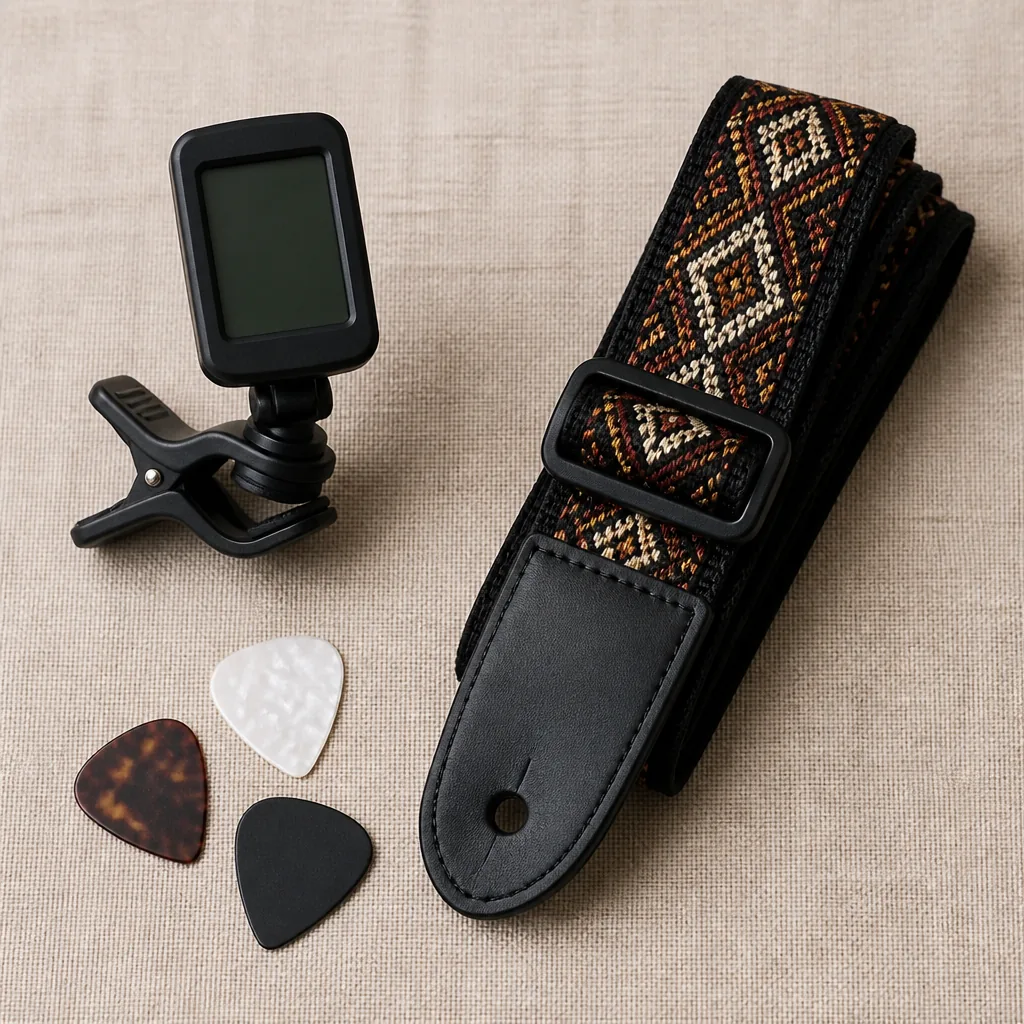 Clip-on tuner, strap, and picks arranged for a starter kit